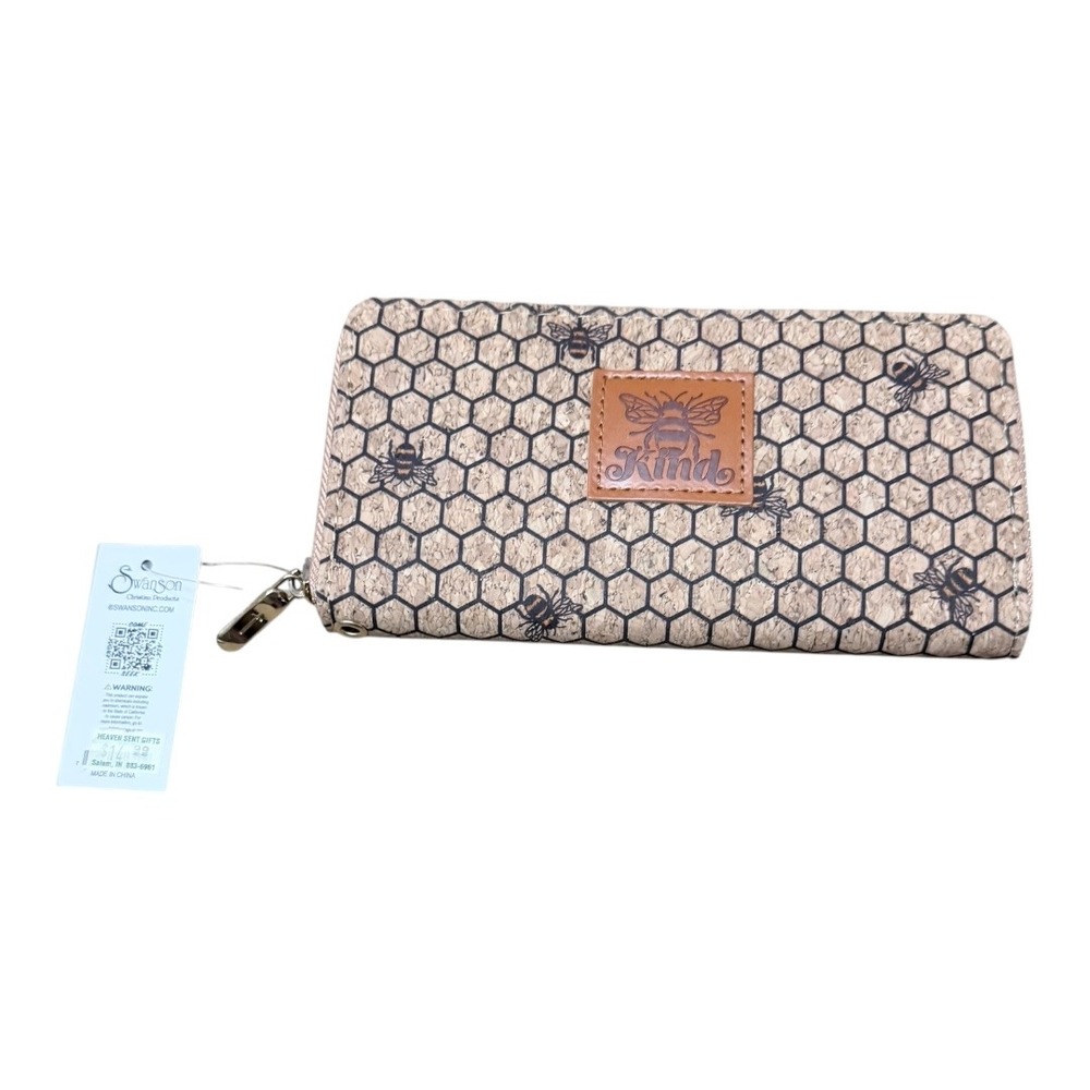 Swanson Bee Wallet Womens NWT Kind Honeycomb Cork Print Zip Around Wristlet Tan